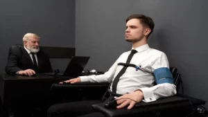 A person hooked up to a polygraph machine and a tester in the background.