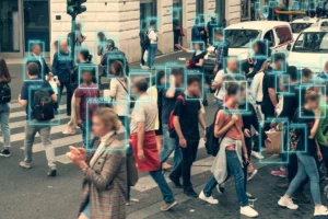a photograph of a crowded street in ai with what look like facial recognition symbols