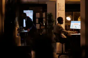 Executive manager working late at night in startup office typing marketing strategy on computer. Entrepreneur analyzing company growth report, planning research plan for financial project