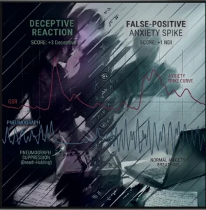 Complex polygraph test graphic with text overlay titled, WHY POLYGRAPHS FAIL: THE SCIENCE OF FALSE POSITIVES. The image shows intersecting GSR and Pneumograph data lines, silhouetted examiners and subjects, score boxes for Deceptive and Anxiety Spikes, and annotations for breath-holding and anxiety curves.