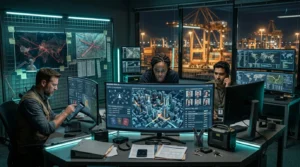Private intelligence team monitoring urban satellite mapping, facial recognition databases, and global transit networks in a portside control center.
